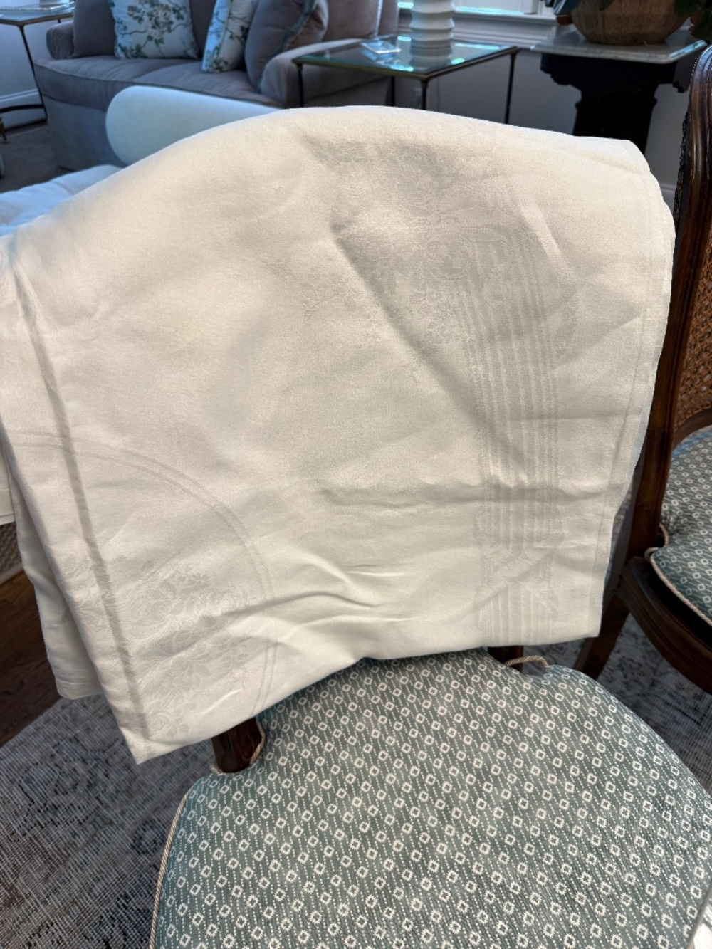 Vintage White Floral Linen DAMASK Tablecloth 87x70"